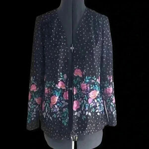 vtg 90s black nylon roses flowers design buttonless shrug long sleeve medium
